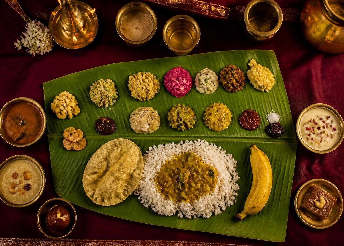Traditional South Indian feast served on a banana leaf